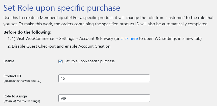 set role on purchase membership for woocommerce